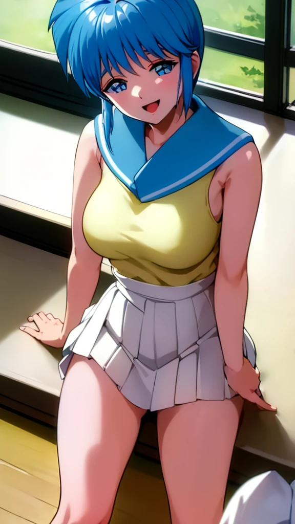 ( best quality , 8k, 32K, masterpiece,  super high resolution :1.2), Junior high school students,  uniform yellow scarf, Blue Hair,  short hair, Saki Nijino, Skirt lift, open legs, no panties, classroom, smiling sexual , lure, Masturbation