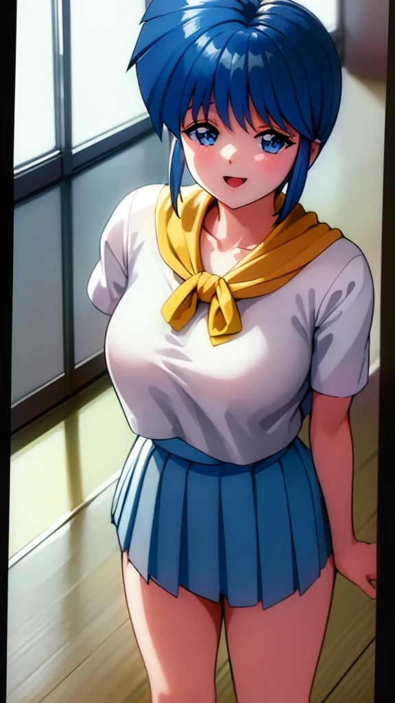 ( best quality , 8k, 32K, masterpiece,  super high resolution :1.2), Junior high school students,  uniform yellow scarf, Blue Hair,  short hair, Saki Nijino, Skirt lift, open legs, no panties, classroom, smiling sexual , lure,