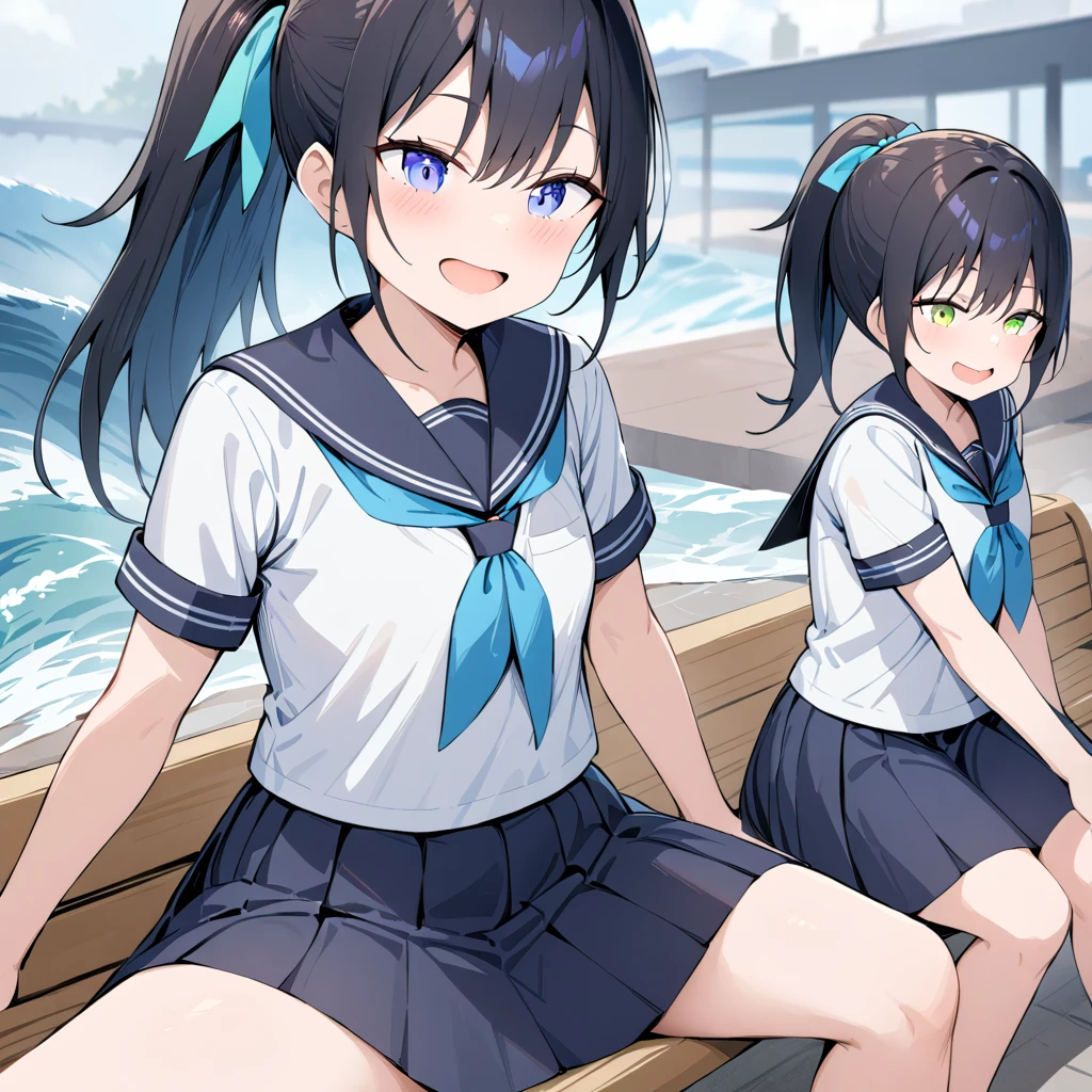 masterpiece, Best Quality,  Kampala, , Long Hair,  ponytail,  Hair Ribbon , Seraph,  white shirt , Short sleeve,  sailor color ,  blue neckerchief,  pleated skirt,  Blue Skirt , Sitting, bench, Open your mouth, Wave, smile,