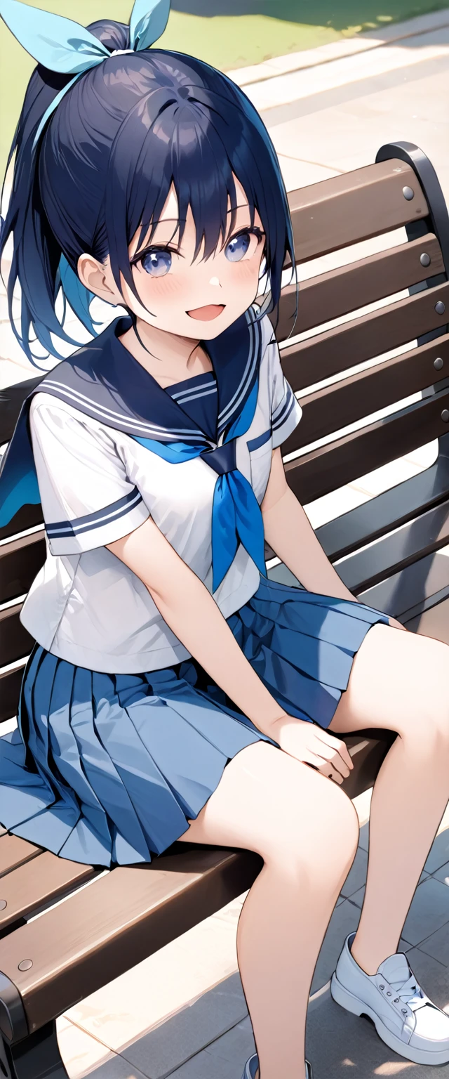 masterpiece, Best Quality,  Kampala, , Long Hair,  ponytail,  Hair Ribbon , Seraph,  white shirt , Short sleeve,  sailor color ,  blue neckerchief,  pleated skirt,  Blue Skirt , Sitting, bench, Open your mouth, Wave, smile,