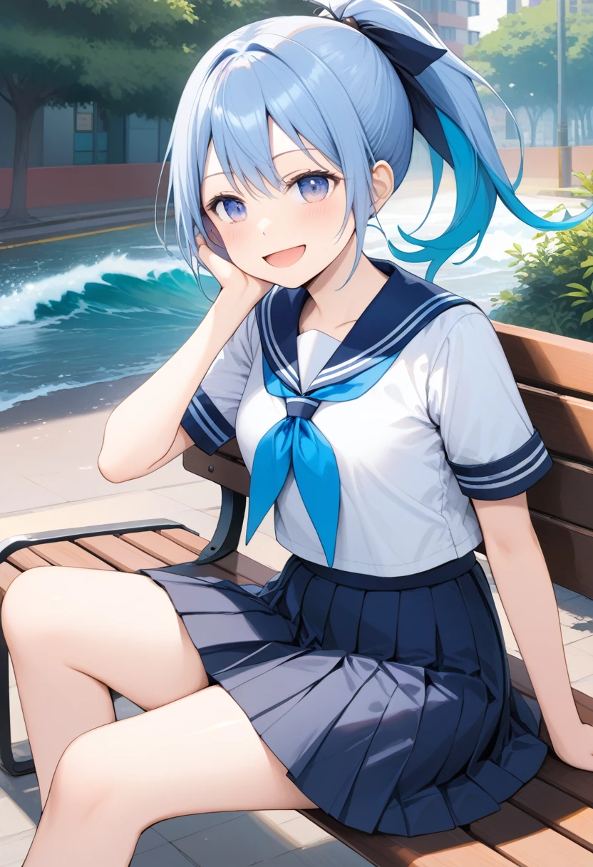 masterpiece, Best Quality,  Kampala, , Long Hair,  ponytail,  Hair Ribbon , Seraph,  white shirt , Short sleeve,  sailor color ,  blue neckerchief,  pleated skirt,  Blue Skirt , Sitting, bench, Open your mouth, Wave, smile,