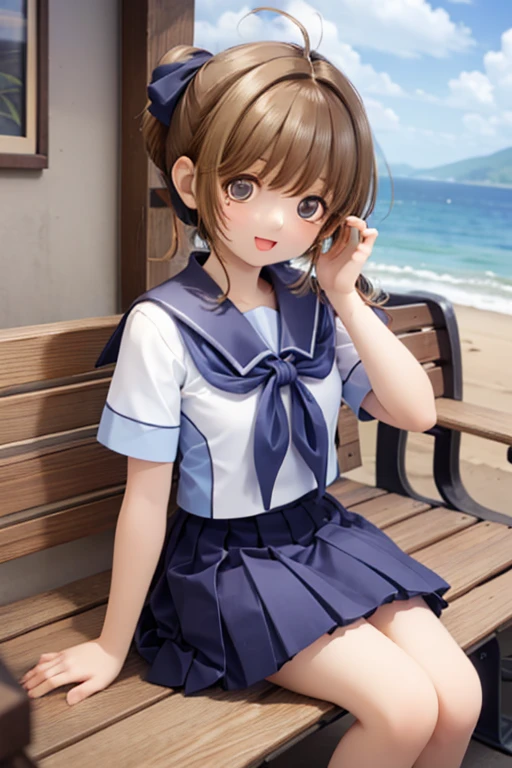 masterpiece, Best Quality,  Kampala, , Long Hair,  ponytail,  Hair Ribbon , Seraph,  white shirt , Short sleeve,  sailor color ,  blue neckerchief,  pleated skirt,  Blue Skirt , Sitting, bench, Open your mouth, Wave, smile,