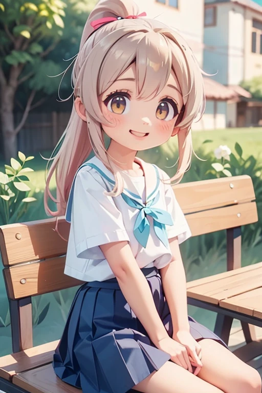 masterpiece, Best Quality,  Kampala, , Long Hair,  ponytail,  Hair Ribbon , Seraph,  white shirt , Short sleeve,  sailor color ,  blue neckerchief,  pleated skirt,  Blue Skirt , Sitting, bench, Open your mouth, Wave, smile,