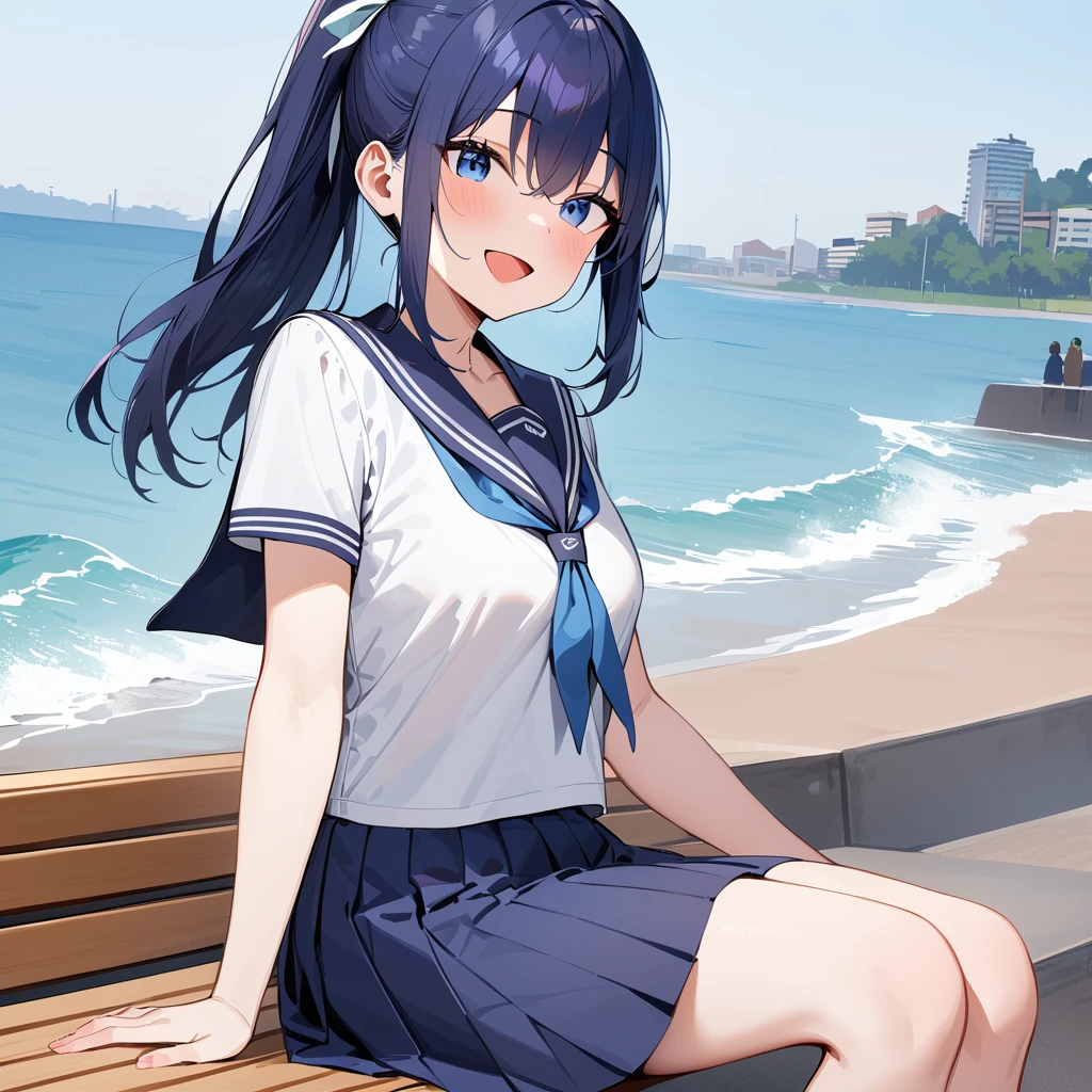 masterpiece, Best Quality,  Kampala, , Long Hair,  ponytail,  Hair Ribbon , Seraph,  white shirt , Short sleeve,  sailor color ,  blue neckerchief,  pleated skirt,  Blue Skirt , Sitting, bench, Open your mouth, Wave, smile,