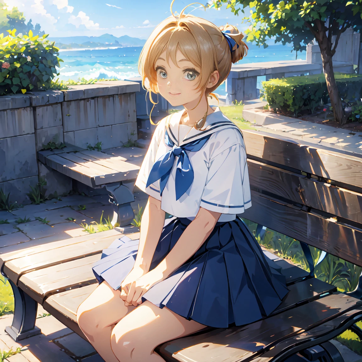 masterpiece, Best Quality,  Kampala, , Long Hair,  ponytail,  Hair Ribbon , Seraph,  white shirt , Short sleeve,  sailor color ,  blue neckerchief,  pleated skirt,  Blue Skirt , Sitting, bench, Open your mouth, Wave, smile,