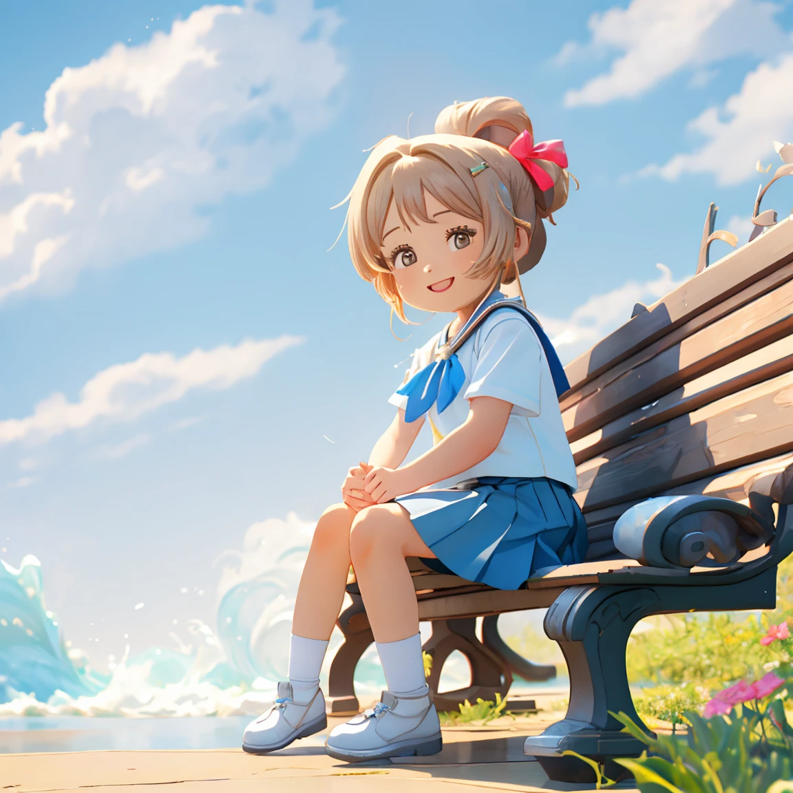 masterpiece, Best Quality,  Kampala, , Long Hair,  ponytail,  Hair Ribbon , Seraph,  white shirt , Short sleeve,  sailor color ,  blue neckerchief,  pleated skirt,  Blue Skirt , Sitting, bench, Open your mouth, Wave, smile,