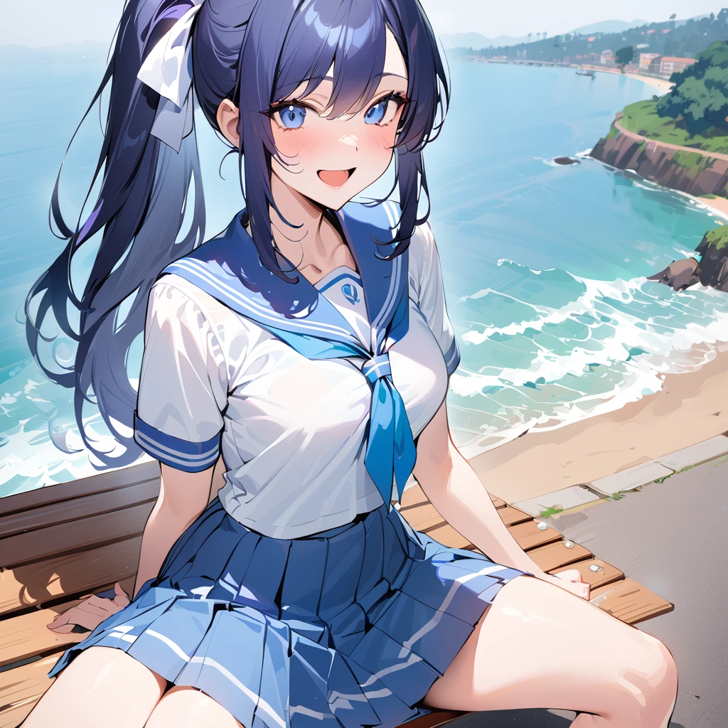 masterpiece, Best Quality,  Kampala, , Long Hair,  ponytail,  Hair Ribbon , Seraph,  white shirt , Short sleeve,  sailor color ,  blue neckerchief,  pleated skirt,  Blue Skirt , Sitting, bench, Open your mouth, Wave, smile,