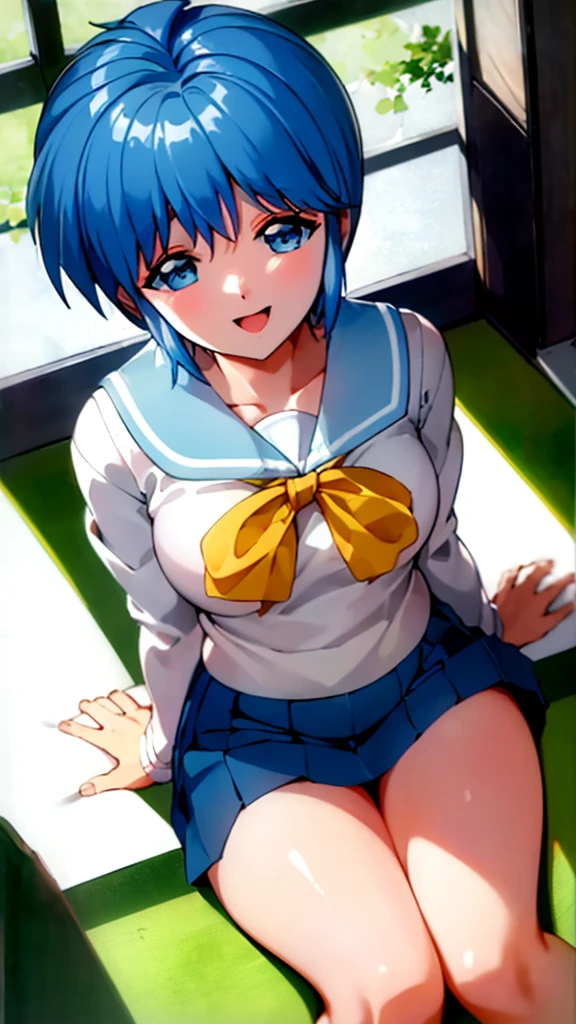 ( best quality , 8k, 32K, masterpiece,  super high resolution :1.2), Junior high school students,  uniform yellow scarf, Blue Hair,  short hair, Saki Nijino, Skirt lift, Sit down, open legs, no panties, classroom, smiling sexual , lure,  shows her genitals