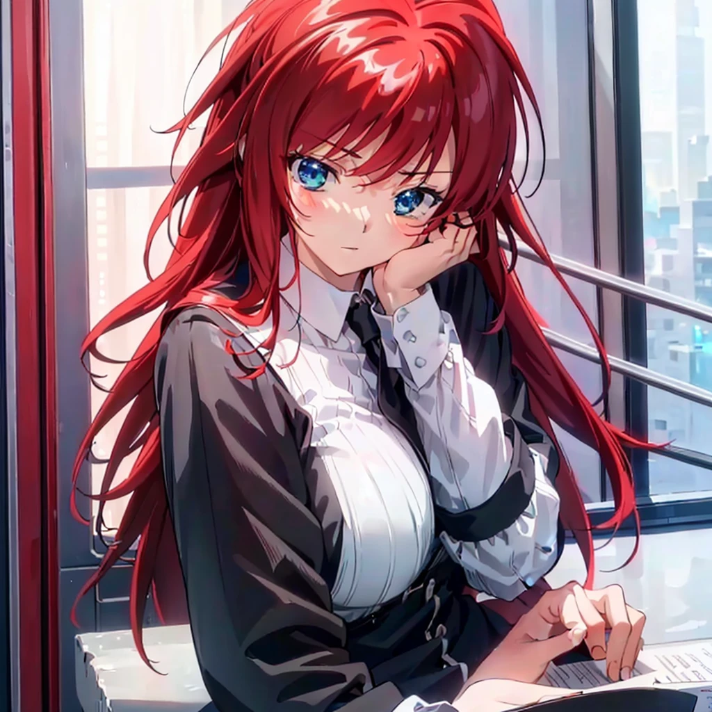 Rias Gremory, 1girl, red hair, blue eyes, long hair, school uniform, parody, ahoge, solo, (best quality, 4k, 8k, highres, masterpiece:1.2), ultra-detailed, (realistic, photorealistic, photo-realistic:1.37), HDR, UHD, studio lighting, ultra-fine painting, sharp focus, physically-based rendering, extreme detail description, professional, vivid colors, bokeh, best illustration, best shadow, absurdres, detailed background