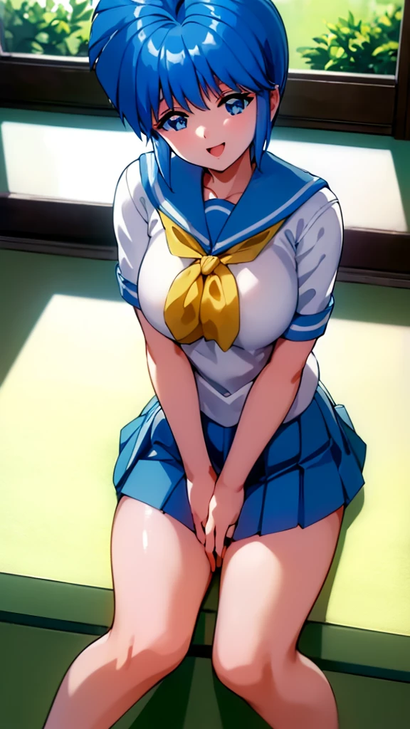 ( best quality , 8k, 32K, masterpiece,  super high resolution :1.2), ,  uniform yellow scarf, Blue Hair,  short hair, Saki Nijino, Skirt lift, Sit down, open legs, no panties, classroom, smiling sexual , lure,  shows her genitals, Massage the breasts