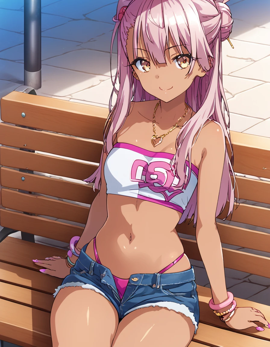 1girl,solo,smile,outdoor,midriff, pink tube top, denim hotpants, open fly, beld, gyaru clothes, thighighs,sitting,bench, chloe,dark_skinned_female,dark_skin,long_hair,pink_hair,yellow_eyes,hair_between_eyes,white_hair,bangs,small_breasts,,half_updo,one_side_up, young girl, ****, (takeda hiromitsu), slender waist, nice hips, slut