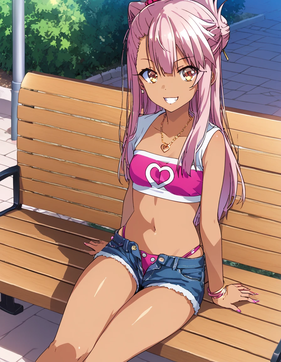 1girl,solo,smile,outdoor,midriff, pink tube top, denim hotpants, open fly, beld, gyaru clothes, thighighs,sitting,bench, chloe,dark_skinned_female,dark_skin,long_hair,pink_hair,yellow_eyes,hair_between_eyes,white_hair,bangs,small_breasts,,half_updo,one_side_up, young girl, ****, (takeda hiromitsu), slender waist, nice hips, slut