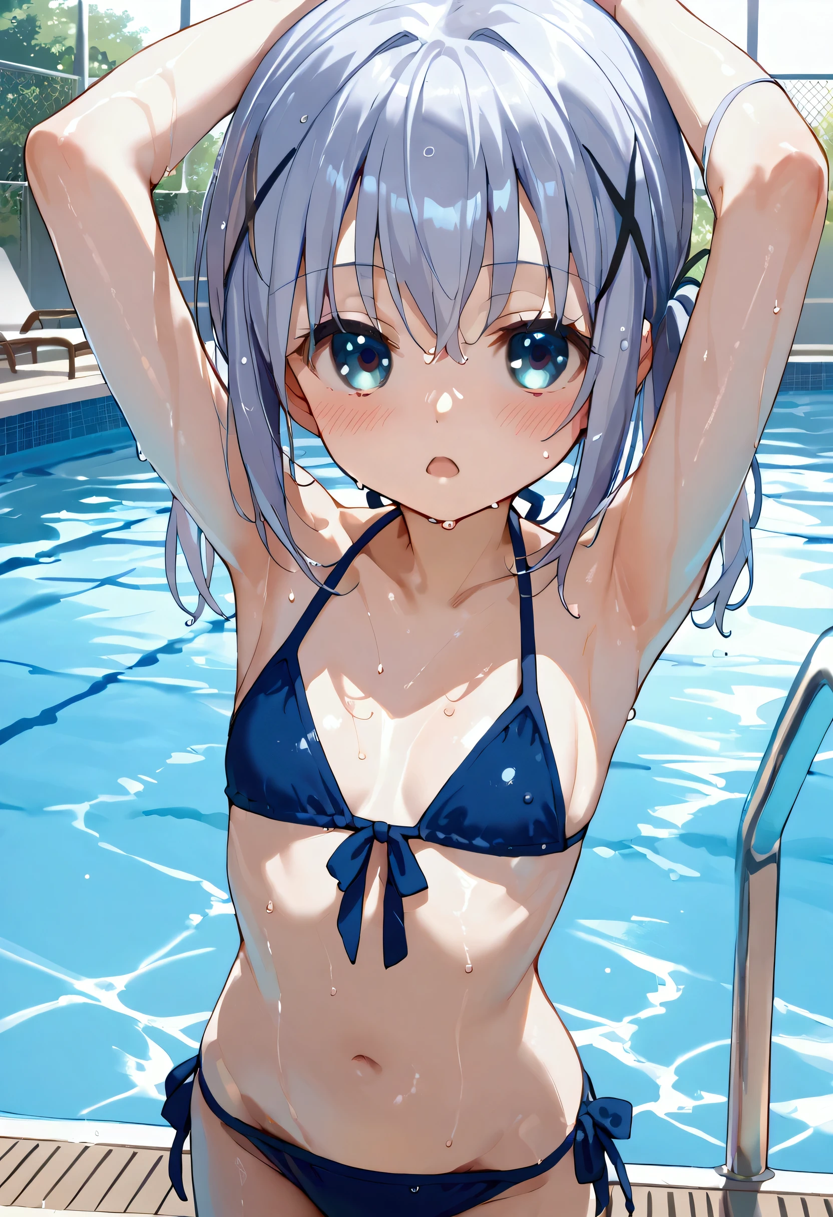 score_9, score_8_up, score_7_up, source_anime,Chino Kafuu,x hair ornament,bikini, pool,blush,cowboy shot,wet,arms up,sexy,open mouth,looking at viewer,flat breasts