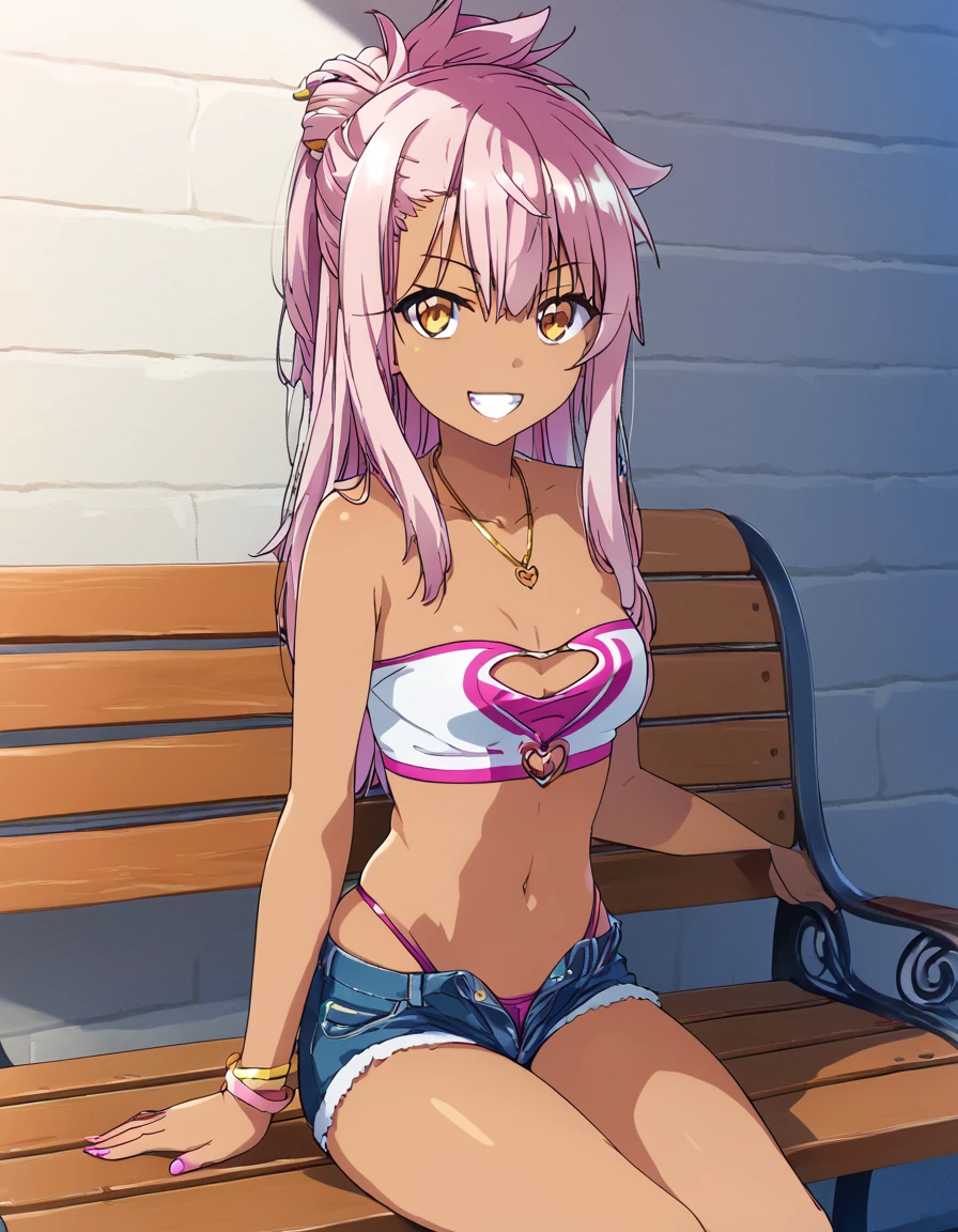 1girl,solo,smile,outdoor,midriff, pink tube top, denim hotpants, open fly, beld, gyaru clothes, thighighs,sitting,bench, chloe,dark_skinned_female,dark_skin,long_hair,pink_hair,yellow_eyes,hair_between_eyes,white_hair,bangs,small_breasts,,half_updo,one_side_up, young girl, ****, (takeda hiromitsu), slender waist, nice hips, slut