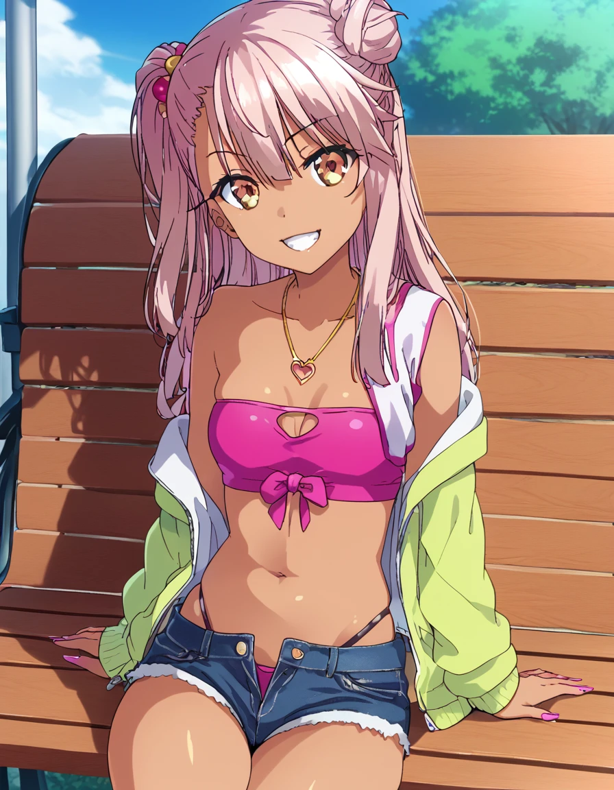 1girl,solo,smile,outdoor,midriff, pink tube top, denim hotpants, open fly, beld, gyaru clothes, thighighs,sitting,bench, chloe,dark_skinned_female,dark_skin,long_hair,pink_hair,yellow_eyes,hair_between_eyes,white_hair,bangs,small_breasts,,half_updo,one_side_up, young girl, li, (takeda hiromitsu), slender waist, nice hips, slut