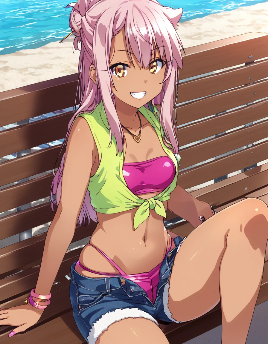 1girl,solo,smile,outdoor,midriff, pink tube top, denim hotpants, open fly, beld, gyaru clothes, thighighs,sitting,bench, chloe,dark_skinned_female,dark_skin,long_hair,pink_hair,yellow_eyes,hair_between_eyes,white_hair,bangs,small_breasts,,half_updo,one_side_up, young girl, ****, (takeda hiromitsu), slender waist, nice hips, slut