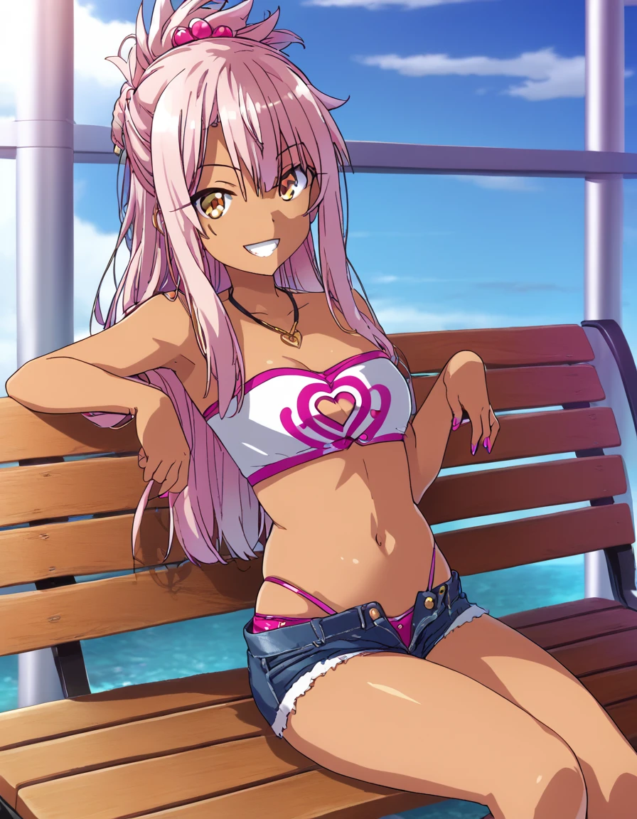 1girl,solo,smile,outdoor,midriff, pink tube top, denim hotpants, open fly, beld, gyaru clothes, thighighs,sitting,bench, chloe,dark_skinned_female,dark_skin,long_hair,pink_hair,yellow_eyes,hair_between_eyes,white_hair,bangs,small_breasts,,half_updo,one_side_up, young girl, ****, (takeda hiromitsu), slender waist, nice hips, slut