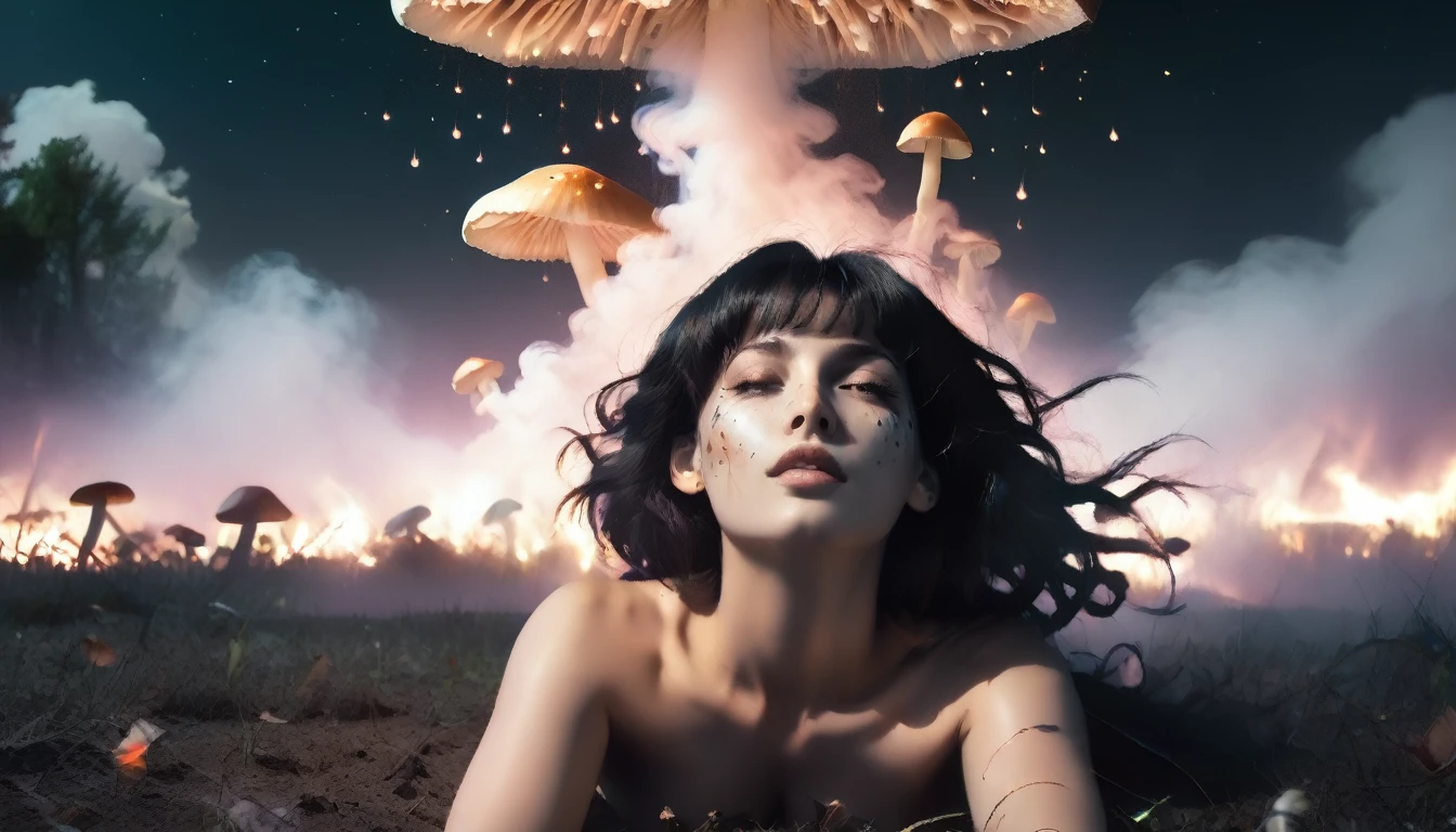 did vaporwave style, solo, beautiful nude woman laying in a field of mushrooms with smoke trailing of into a surreal night sky, fireflies, glowing, simple background, glitching, smoke surrounding her, full body, view from above, dynamic angle, dynamic lighting 
