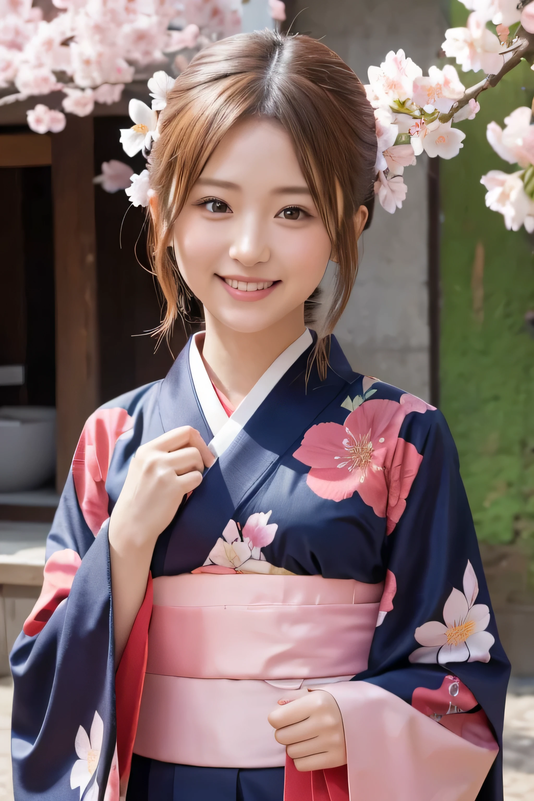 Standing, closeup, smile, cherry blossom, kimono