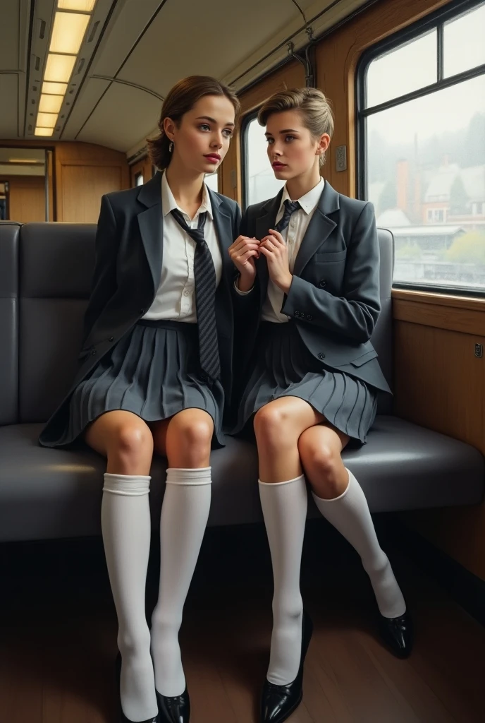 Show entire body, feet in view, Zendaya, wearing American school uniforms, short plaid skirts, black polkadot pantyhose, waiting at busy bus stop, a man dressed in a suit is seated next to her, the man has a hand on her leg, he’s smiling