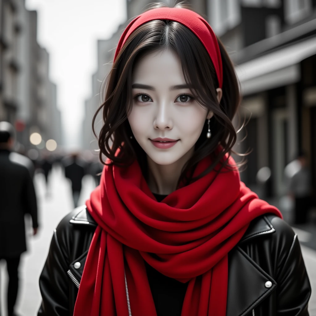 A hyper-realistic surreal artwork featuring an East-Asian woman in a dramatic black-and-white setting, with vivid accents of red adding contrast and intensity to the image. Her face is rendered with extreme precision, her expression calm yet piercing, with sharp features and deeply expressive eyes that seem to hold a quiet strength. Her dark, slightly wavy hair flows gently in the breeze, framing her face with natural elegance.

She wears a bold red scarf wrapped around her neck, flowing over her shoulder, the vibrant color standing out starkly against the monochrome background. The scarf has a soft yet structured appearance, its texture clearly visible with folds and creases catching the light. A matching red headscarf is tied loosely around her hair, enhancing her classic, timeless style. Her sleek black leather jacket reflects subtle highlights, adding depth and realism to the image, while also contributing to her strong, modern look.

In the background, a grayscale urban cityscape unfolds with faint outlines of people walking along narrow streets, their figures slightly blurred to keep the focus on the central figure. The architectural details of the buildings are sharp yet understated, reinforcing the mood and depth of the scene. The interplay of light and shadow, combined with the striking use of red against black and white, creates a dramatic, film noir atmosphere. Every detail, from the texture of her scarf to the reflections on her leather jacket, is meticulously crafted to emphasize the contrast between the simplicity of the monochrome and the boldness of the red.