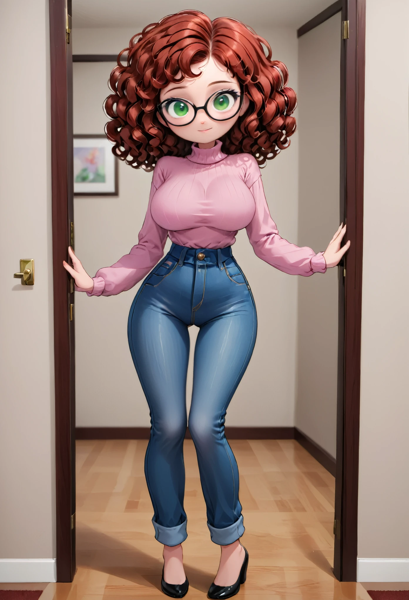 Young girl, young, full body, (solo 0.6), red curly hair, shoulder length hair, green eyes, slender body, thin waist, big breasts, indoors, black glasses, pink turtleneck sweater, denim jeans, opening door, (disney pixar style 0.7)