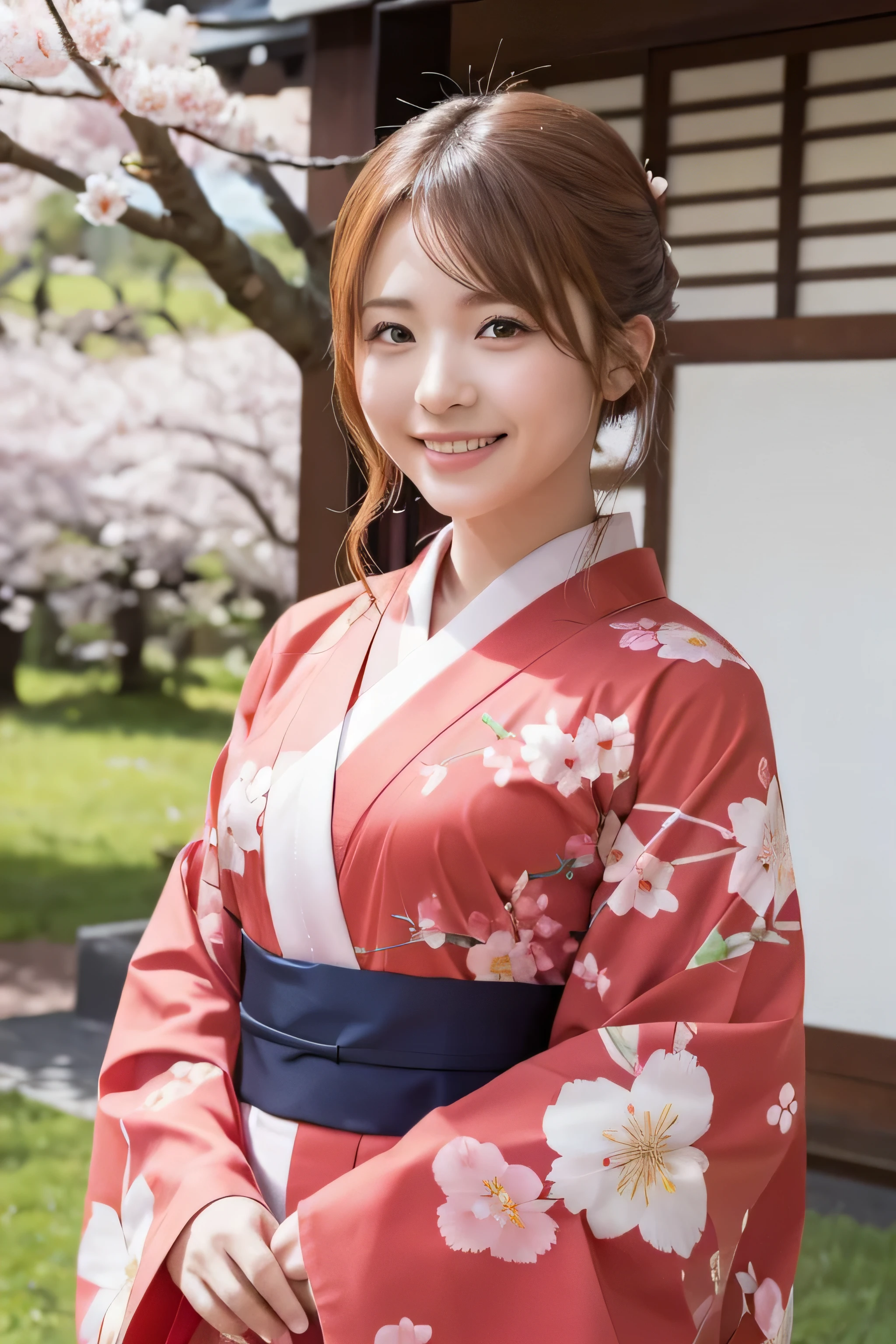 Standing, closeup, smile, cherry blossom, kimono