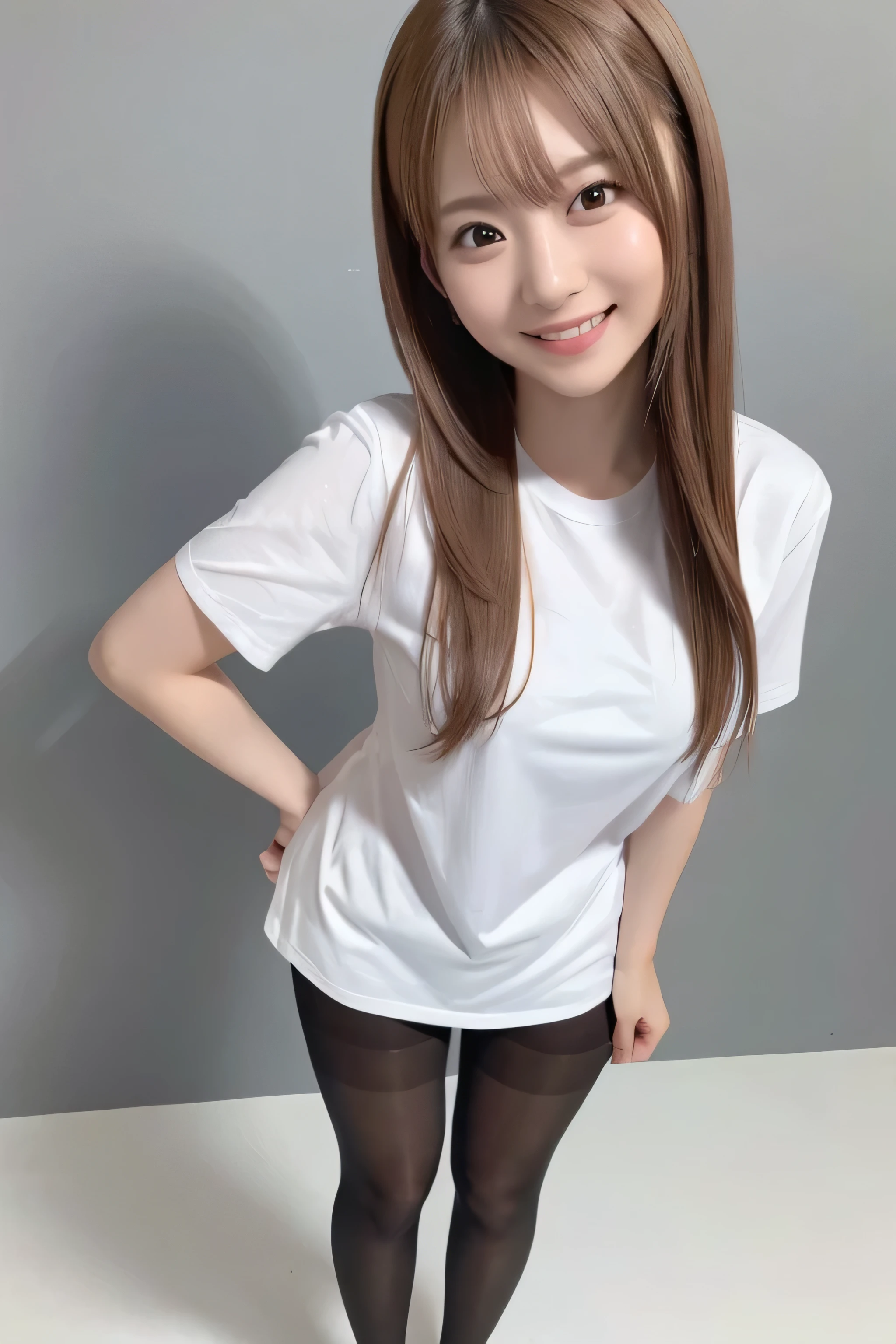 Standing, wide angle, smile, full white t-shirt, black pantyhose stockings 