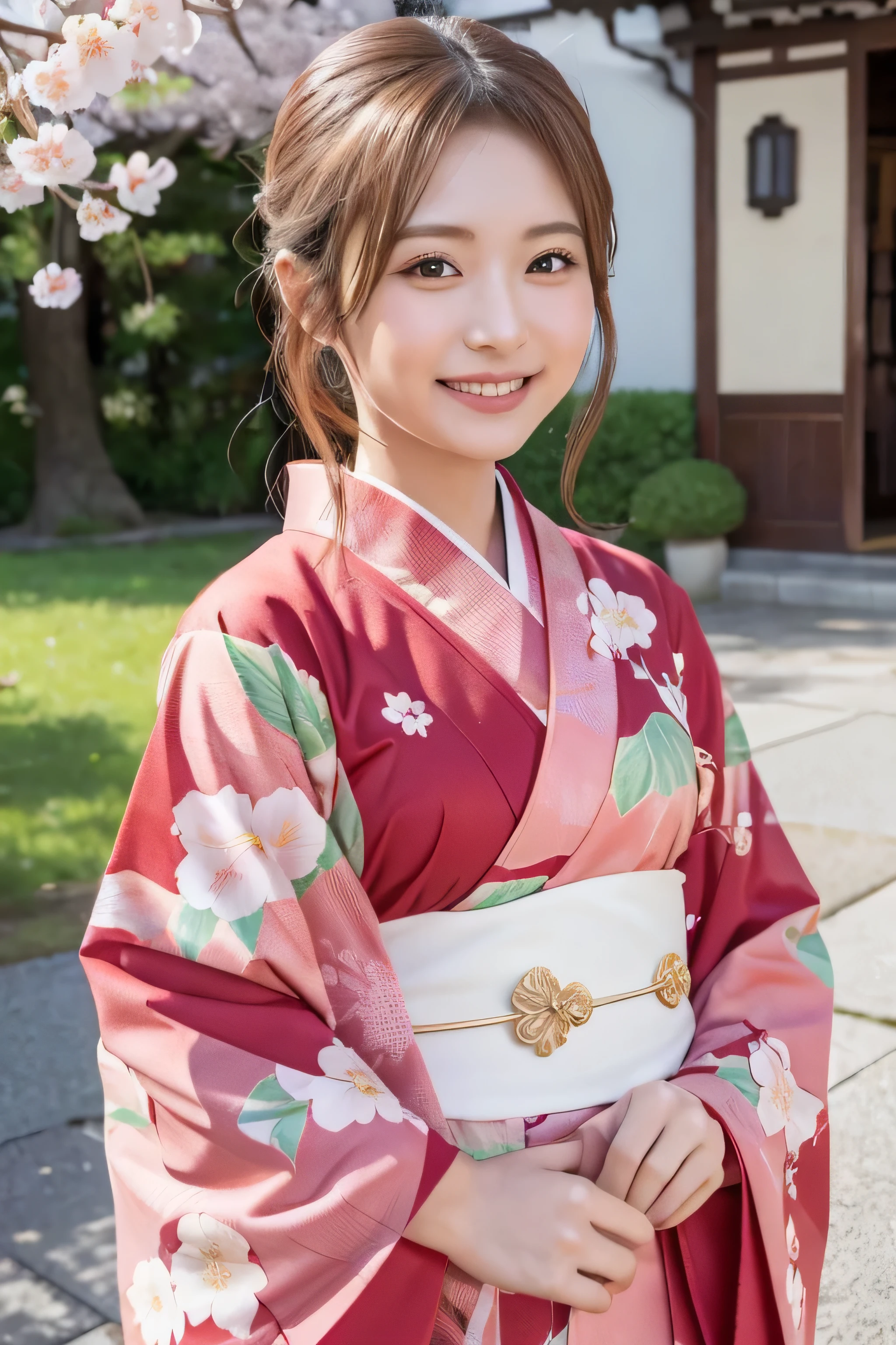 Standing, closeup, smile, cherry blossom, kimono