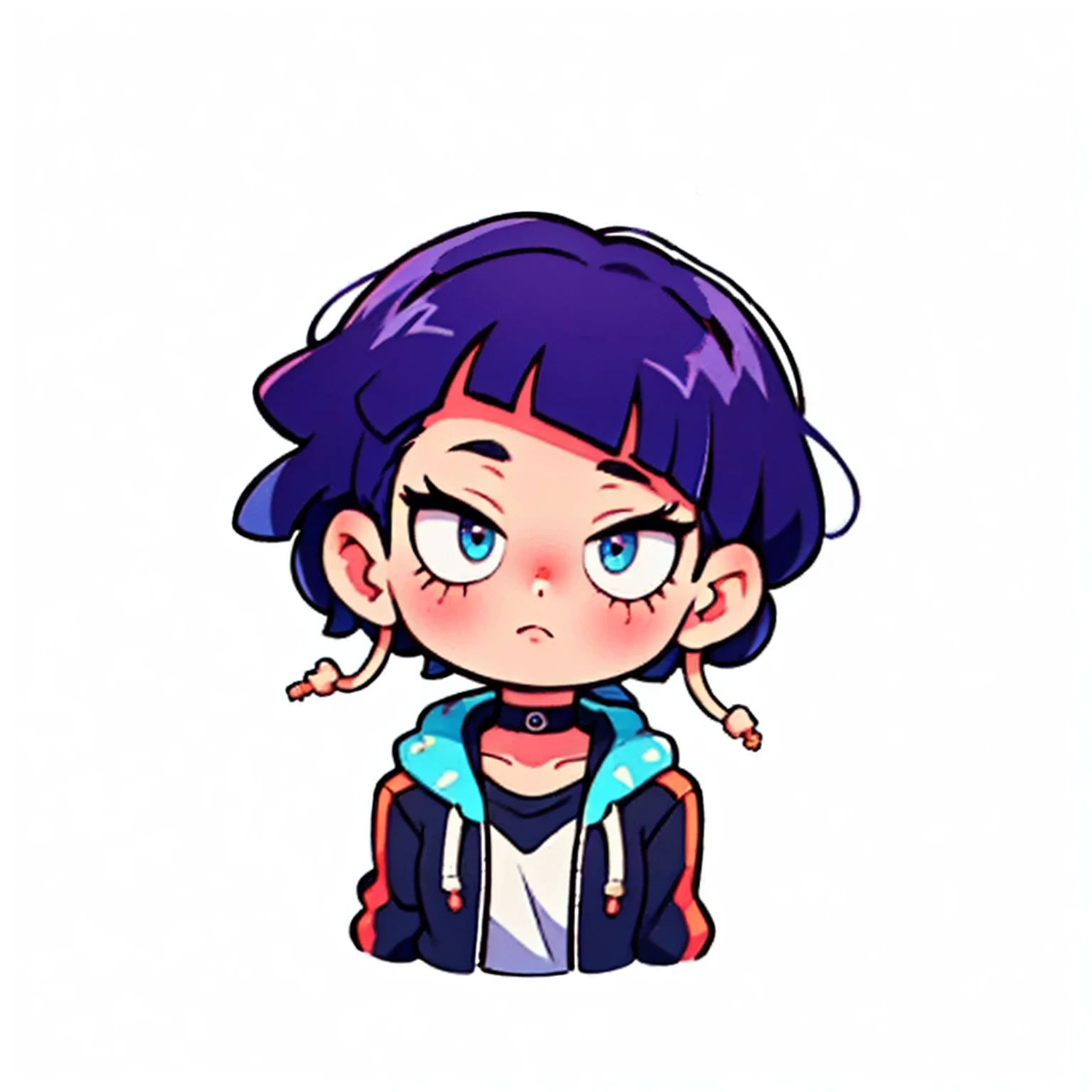 jirou_kyouka, long earlobes, shirt, choker, jacket, boku no hero academia, 1girl, short hair, uhd, 4k, face detail, eyes detail, only_head, head_only, white background, solo, kawaii, chibi, upper body, circle frame, vivid colors,