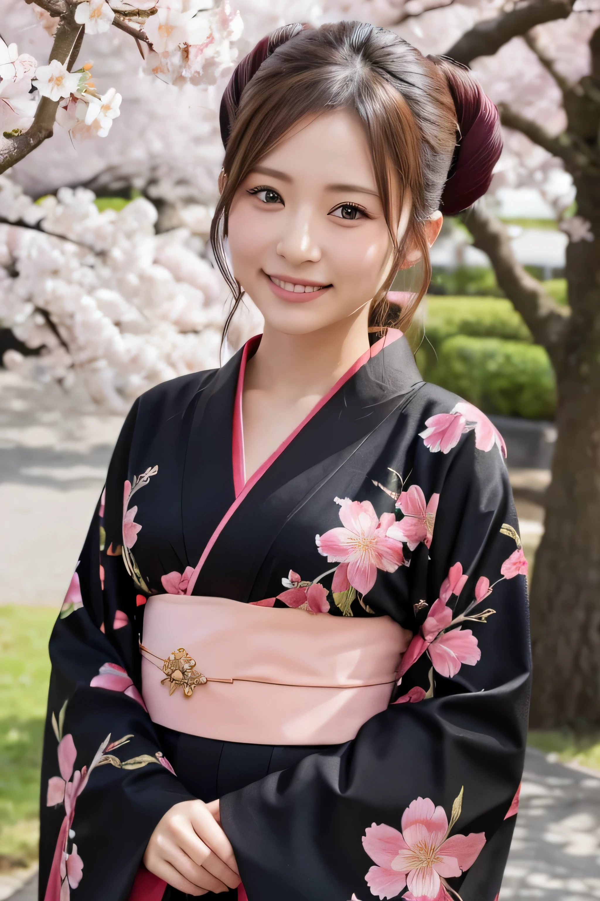 Standing, closeup, smile, cherry blossom, all black kimono