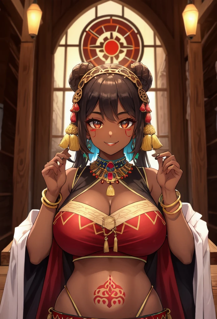 score_9, score_8_up, score_8_up, masterpiece,  high quality,1girl,huge breasts, dark-skinned female, traditional clothes, desert, tribal, bracelet, town, hair ornament, jewelry, sexy pose, looking at viewer, upper body, plateau, wooden architecture, tribal civilization, tribal tattoo, piercing, light smile, bangs, crop top,