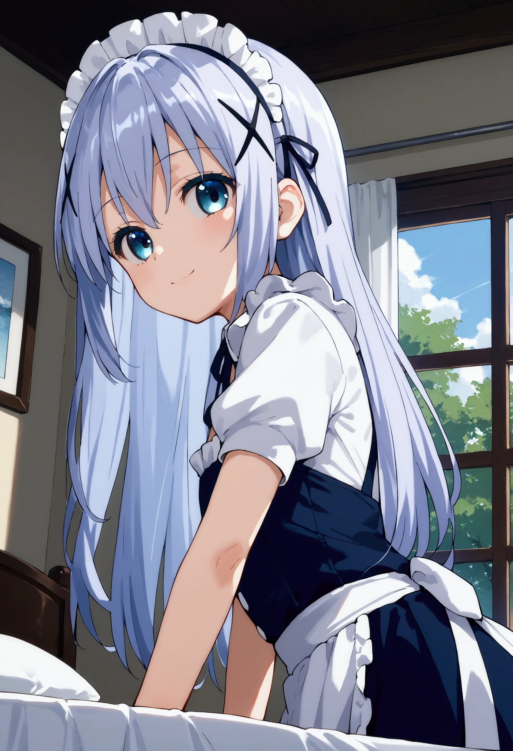 score_9, score_8_up, score_7_up, source_anime,Chino Kafuu,x hair ornament, maid outfit, maid headdress,maid gloves, looking at viewer, smile, leaning forward, upper body, bedsheets, indoors, white wall, window, flowing curtain, tree, morning, sunlight, sunny, sky, cloud, pov across bed, from below, from side, dutch angle,,flat breasts