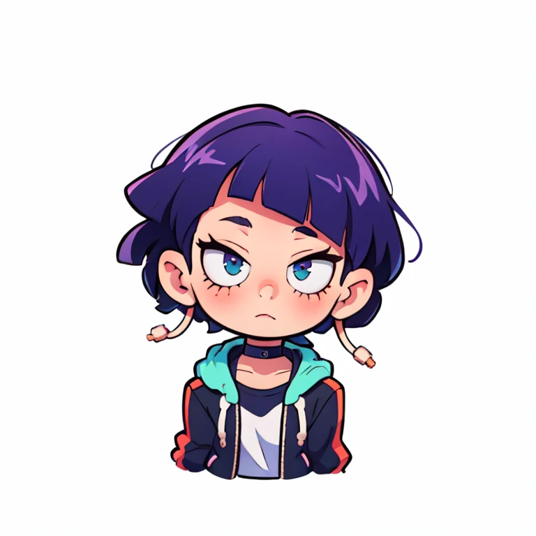 jirou_kyouka, long earlobes, shirt, choker, jacket, boku no hero academia, 1girl, short hair, uhd, 4k, face detail, eyes detail, only_head, head_only, white background, solo, kawaii, chibi, upper body, circle frame, vivid colors,