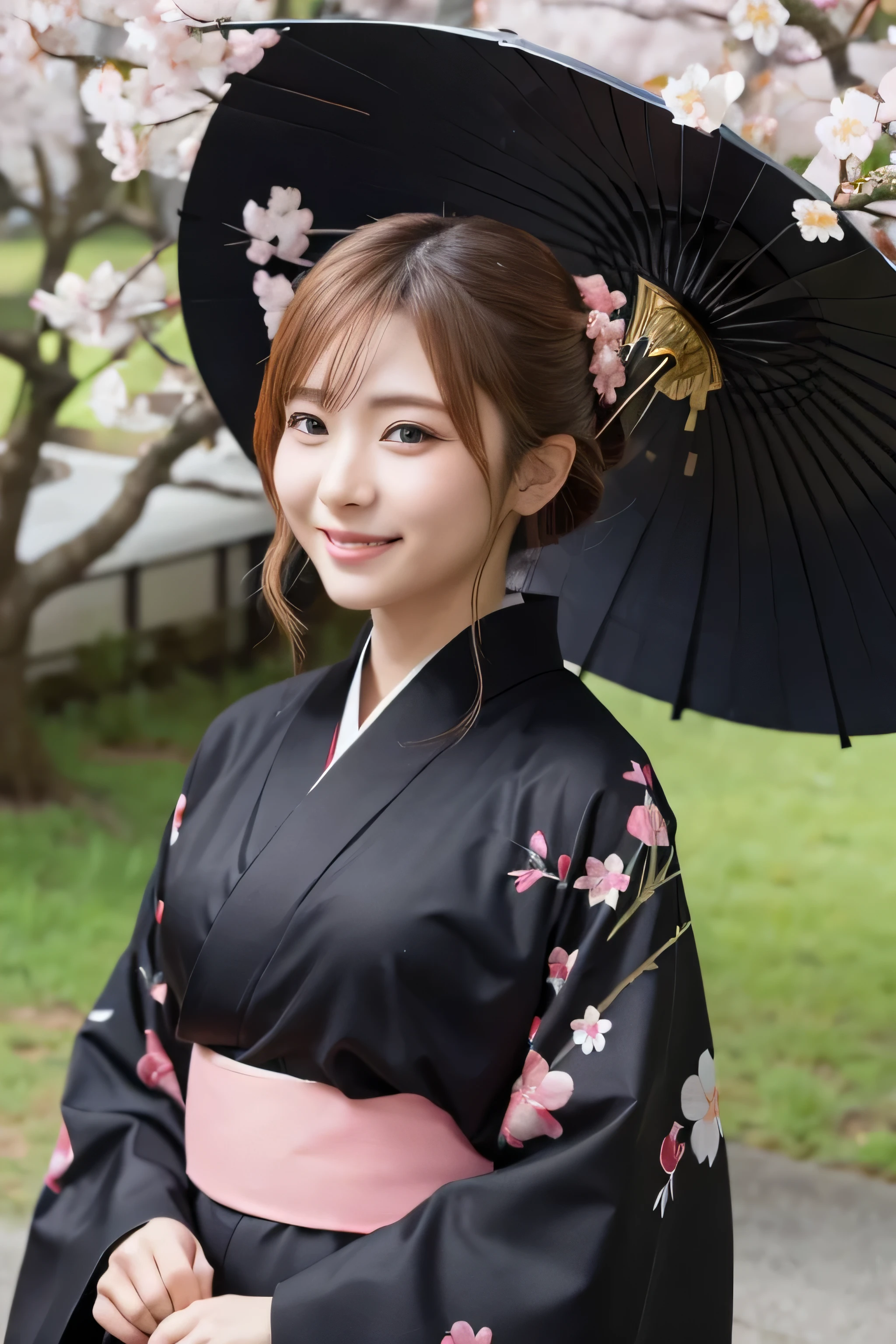 Standing, closeup, smile, cherry blossom, all black kimono