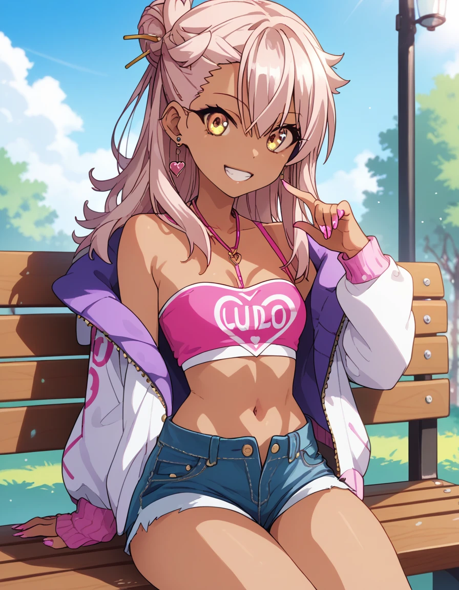 1girl,solo,smile,outdoor,midriff, pink tube top, denim hotpants, open fly, beld, gyaru clothes, thighighs,sitting,bench, chloe,dark_skinned_female,dark_skin,long_hair,pink_hair,yellow_eyes,hair_between_eyes,white_hair,bangs,small_breasts,,half_updo,one_side_up, young girl, ****, (takeda hiromitsu), slender waist, nice hips, slut