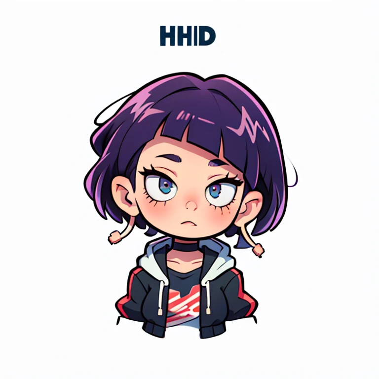 jirou_kyouka, long earlobes, shirt, choker, jacket, boku no hero academia, 1girl, short hair, uhd, 4k, face detail, eyes detail, only_head, head_only, white background, solo, kawaii, chibi, upper body, circle frame, vivid colors,