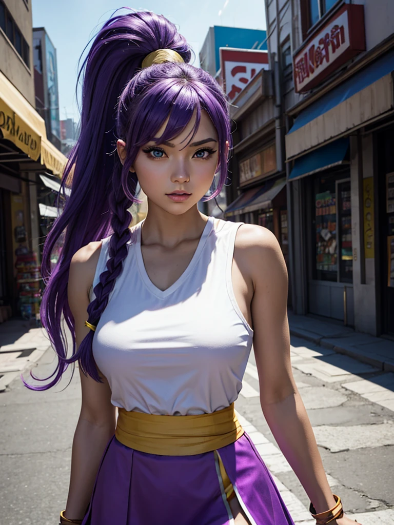 Just a woman. Beautiful Western Caucasian woman, with round and firm breasts. Woman with a toned body. Her hair is purple, with a single braid. Her eyes are light blue. She is cosplaying as the character Maki, from the game Final Fight, whose clothes are a purple kunoichi outfit, with a short skirt, the outfit has a white outline and a yellow sash around the waist. She is on a dirty street in a modern Western city, similar to New York, with some neon signs. It is early afternoon. Dynamic light and dynamic shadow. UHD. Masterpiece. Accurate. Anatomically correct. Super detail. Textured skin. High details. High quality. Award winning. Best quality. Highres