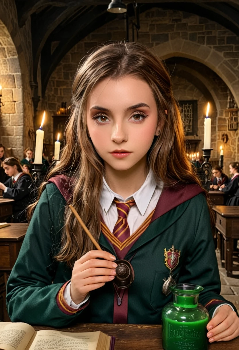 realistic photo of Hermoine granger, potion classroom, beautiful detailed eyes, beautiful detailed lips, extremely detailed face, long eyelashes, hogwarts student uniform, holding potion bottle, sitting at desk, potion classroom interior, stone walls, candles, cauldrons, mystical atmosphere, dramatic lighting, photorealistic, 8k, best quality, highly detailed, masterpiece