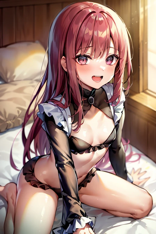 ((Best Quality)), ((masterpiece)), (be familiar with),  perfect face, indoor, bedroom,  watching viewers,
One woman,  Kitakawa Kaiumi,
 open mouth , Ecstatic expression, blush, smile,
Small breasts,  flat chest, , , , Girl,
Long Hair,  long hair,
Leg spread,