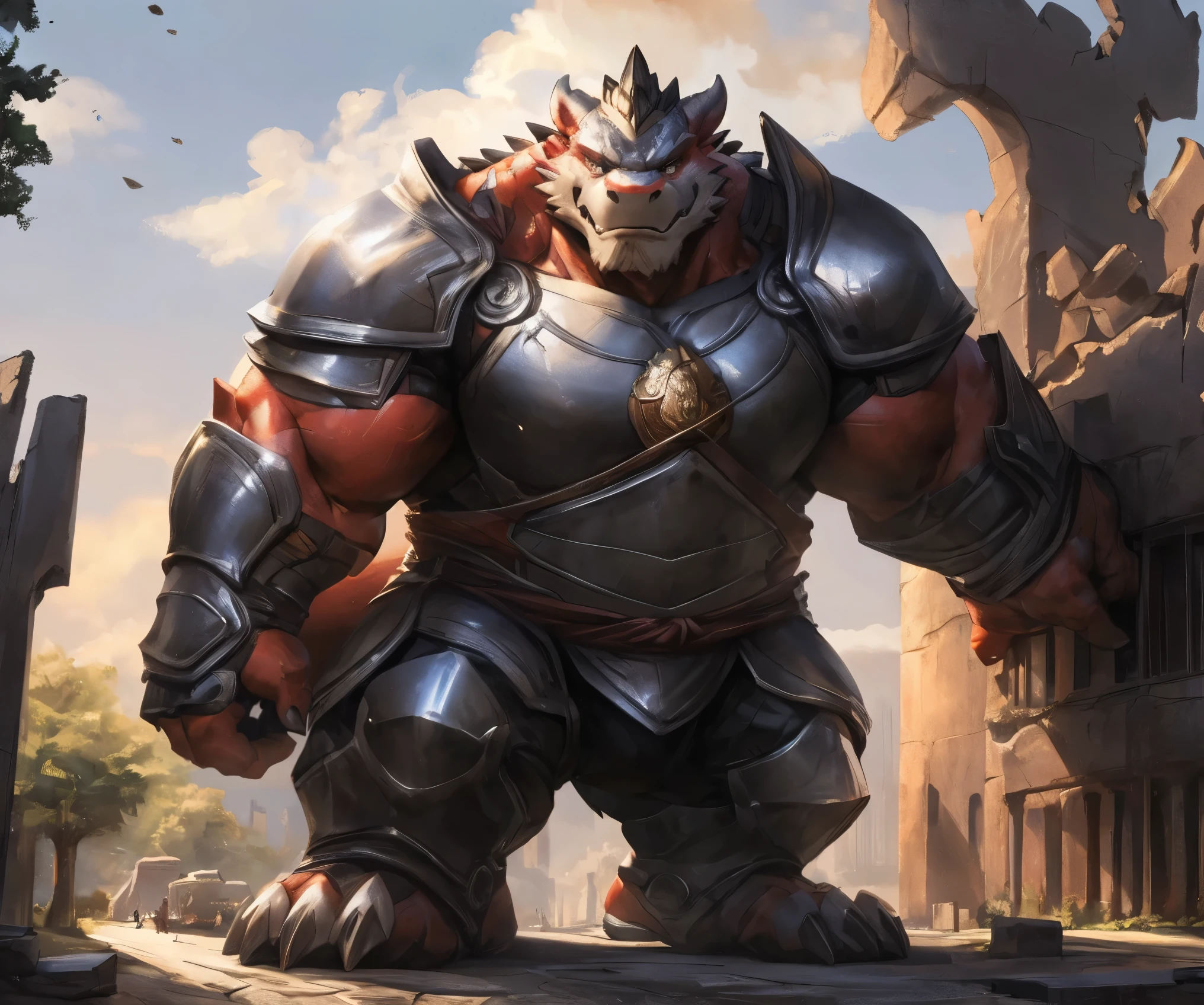 human nature , Cannon , Male, Lonely, (( the strong , handsome)), (dragon),((Traditional knight armor )), standing,((Traditional knight style)), hand in hand cross , high quality, (4K, high quality, High resolution , masterpiece), Front view (Close-up), cartoon,by lindong, (massiv:6.0, ( heavyweight,stark,Macro, Emphasize, Stepping on the ruins)), background((trees, Building, raise small spoke , the crack in the road, his position ))