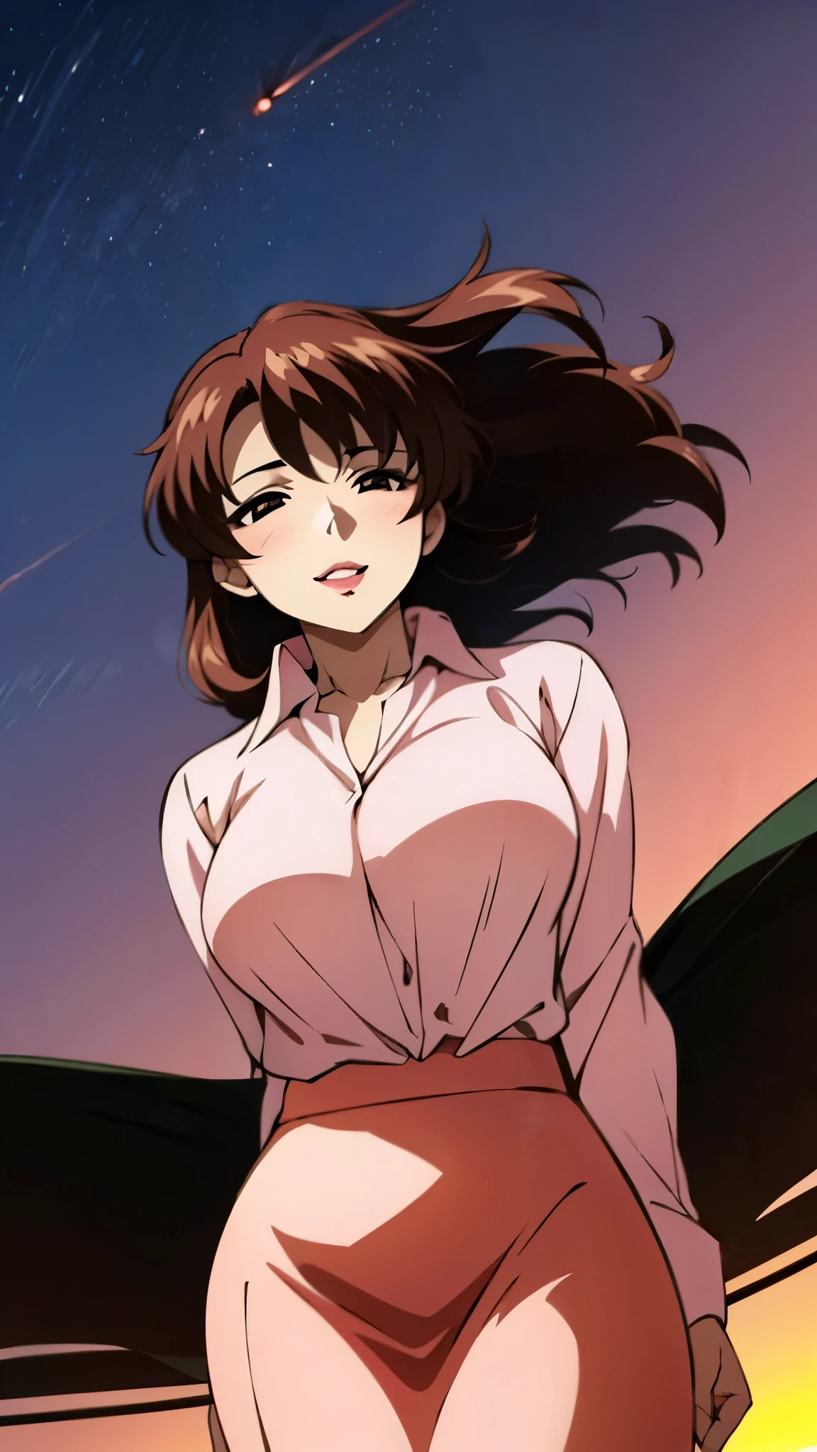 (super high quality, super high resolution ,16k,super masterpiece,Ultra HD ,Detailed shading and background,)Shooting from below,One sexy mature woman,(Long-sleeved pink shirt unbuttoned and unfolded,Red pencil skirt,)smile,Thick lips,blush,Sky background with a view of the sunset,Hair lifted by the wind,