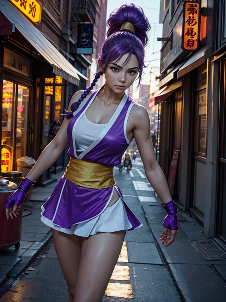 Just a woman. Beautiful Western Caucasian woman, with round and firm breasts. Woman with a toned body. Her hair is purple, with a single braid. Her eyes are light blue. She is cosplaying as the character Maki, from the game Final Fight, whose clothes are a purple kunoichi outfit, with a short skirt, the outfit has a white outline and a yellow sash around the waist. She is on a dirty street in a modern Western city, similar to New York, with some neon signs. It is early afternoon. Dynamic light and dynamic shadow. UHD. Masterpiece. Accurate. Anatomically correct. Super detail. Textured skin. High details. High quality. Award winning. Best quality. Highres