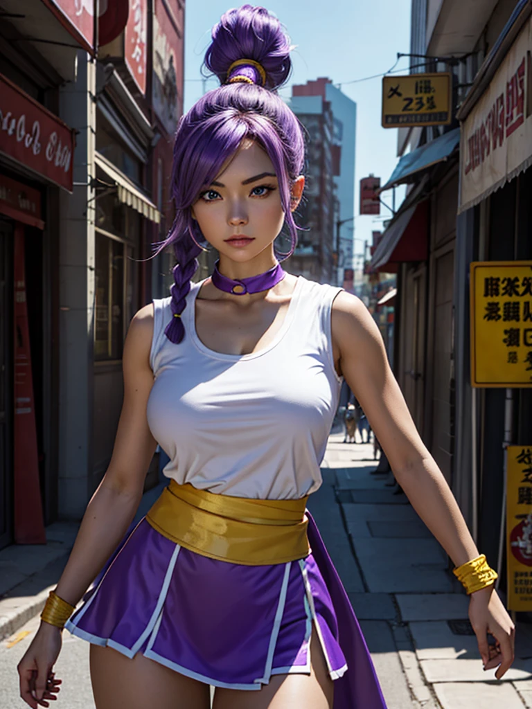 Just a woman. Beautiful Western Caucasian woman, with round and firm breasts. Woman with a toned body. Her hair is purple, with a single braid. Her eyes are light blue. She is cosplaying as the character Maki, from the game Final Fight, whose clothes are a purple kunoichi outfit, with a short skirt, the outfit has a white outline and a yellow sash around the waist. She is on a dirty street in a modern Western city, similar to New York, with some neon signs. It is early afternoon. Dynamic light and dynamic shadow. UHD. Masterpiece. Accurate. Anatomically correct. Super detail. Textured skin. High details. High quality. Award winning. Best quality. Highres