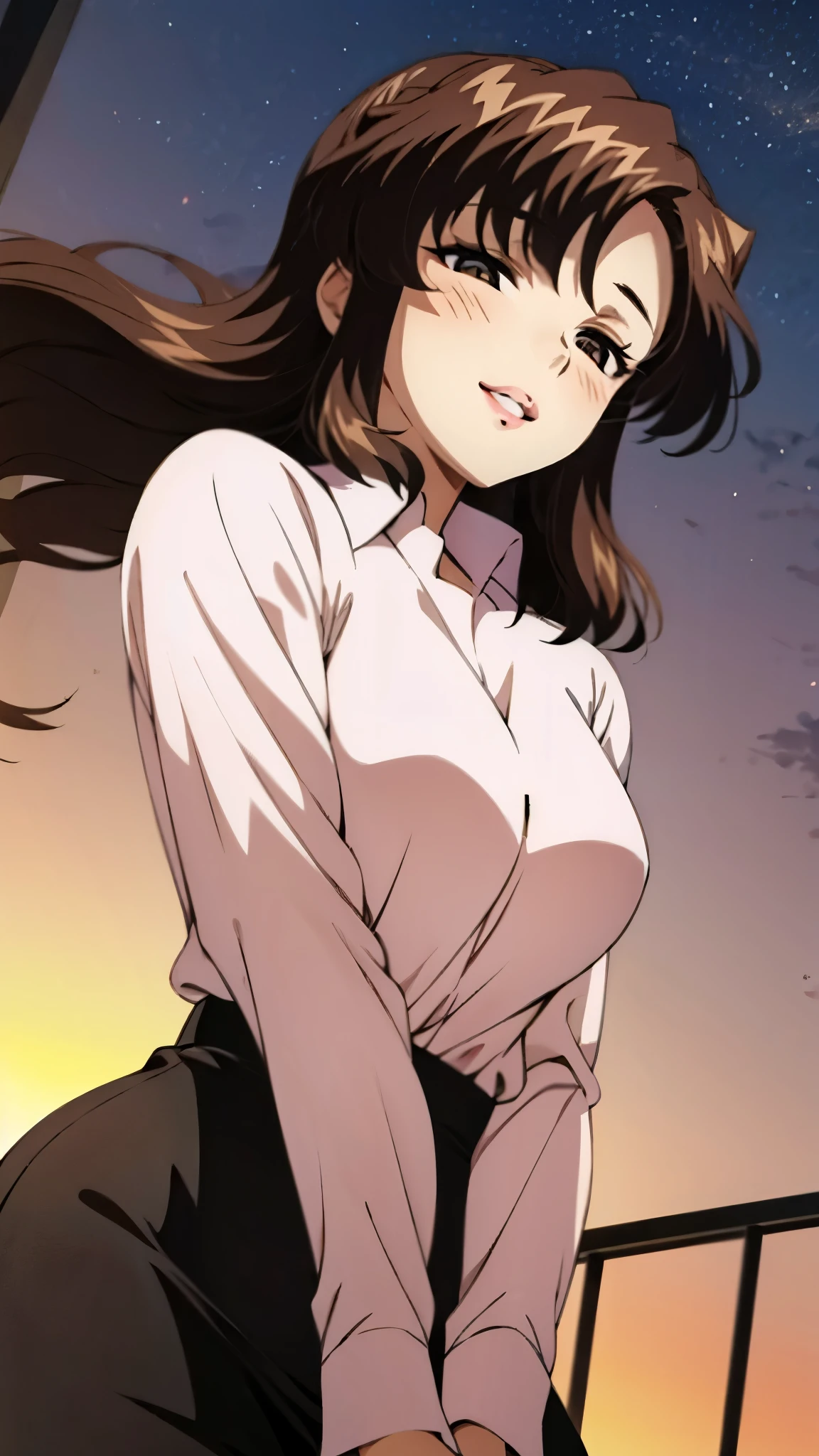 (super high quality, super high resolution ,16k,super masterpiece,Ultra HD ,Detailed shading and background,)Shooting from below,One sexy mature woman,(Long-sleeved pink shirt unbuttoned and unfolded,Red pencil skirt,)smile,Thick lips,blush,Sky background with a view of the sunset,Hair lifted by the wind,Hold your hair with one hand,