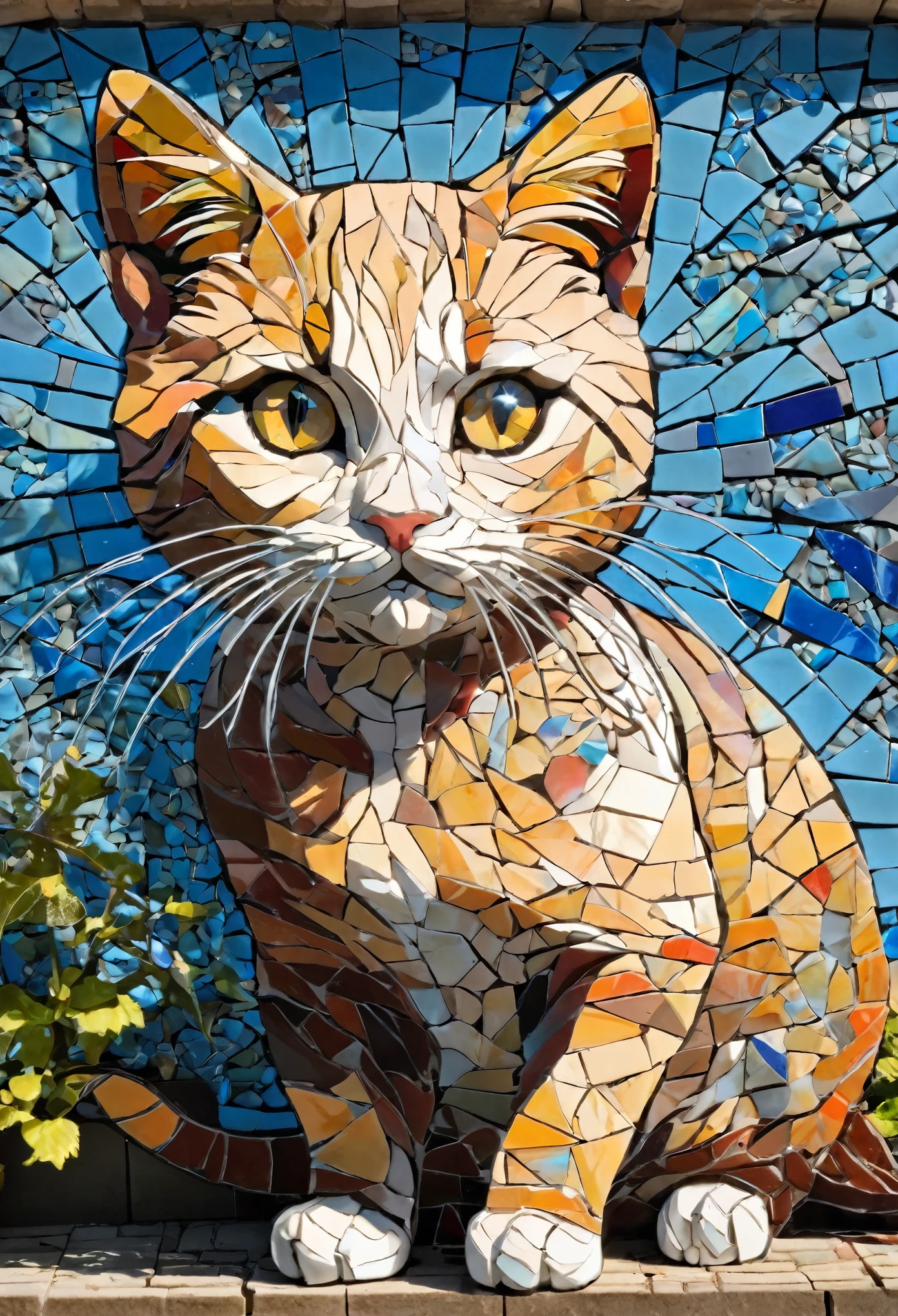 Portrait of kitty adventurer, radiation mosaic:1.2, catch the sun:0.8, Like shards of glass that infuse warmth and energy into the space:0.4 Flash and Dance.