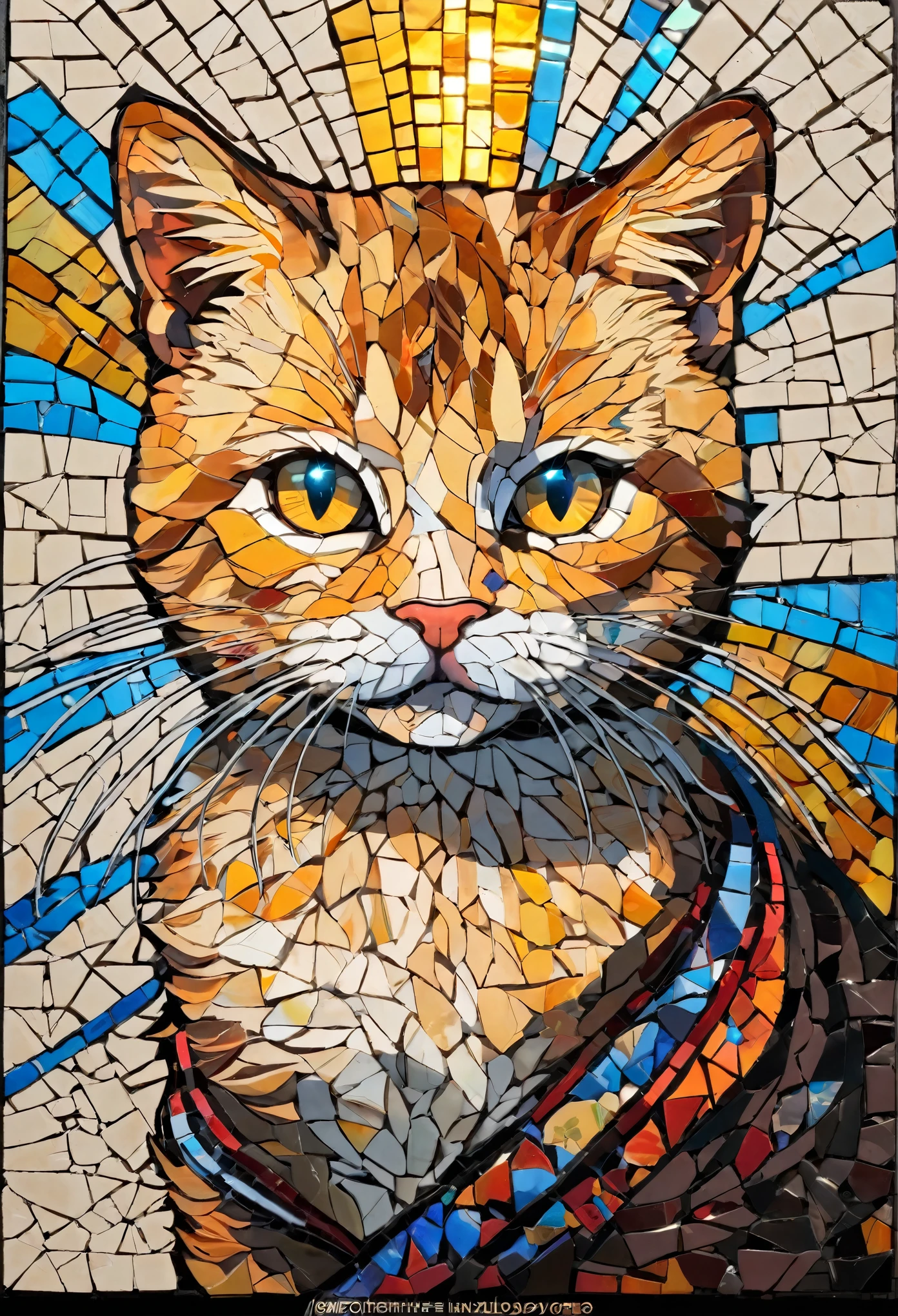 Portrait of kitty adventurer, radiation mosaic:1.2, catch the sun:0.8, Like shards of glass that infuse warmth and energy into the space:0.4 Flash and Dance.