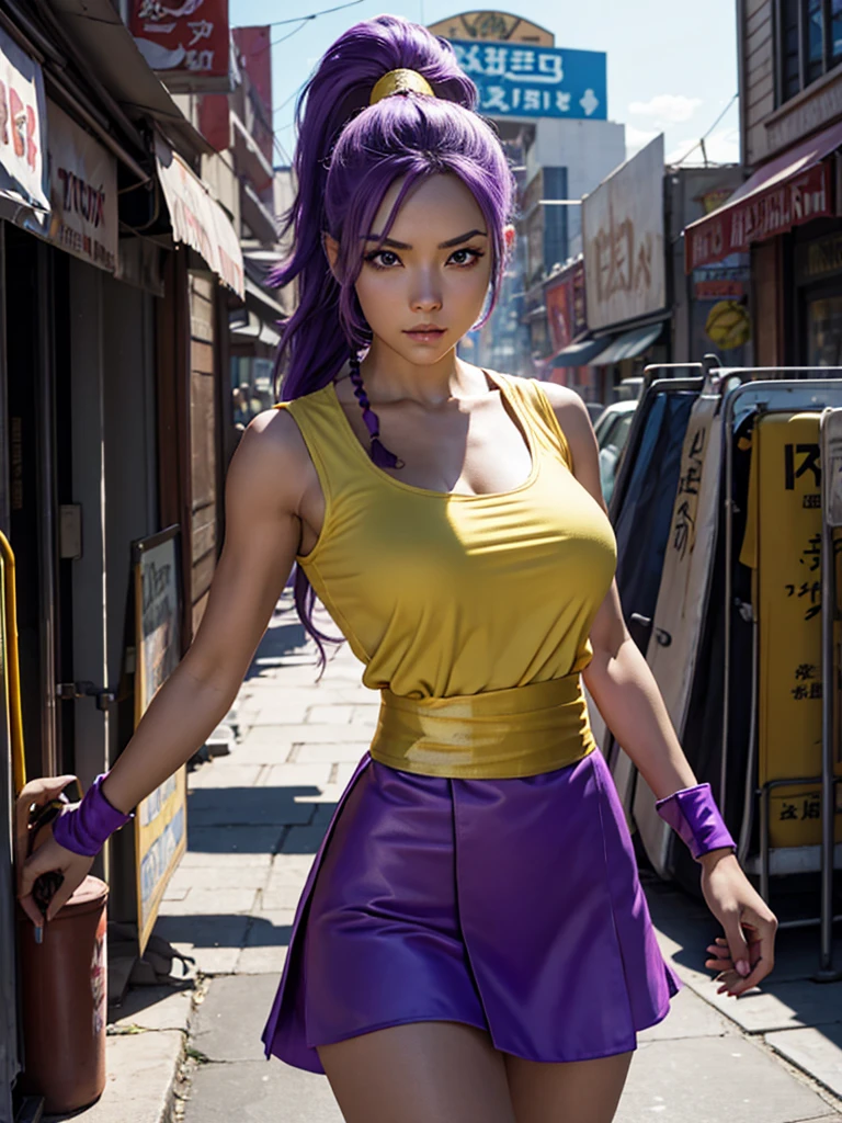 Just a woman. Beautiful Western Caucasian woman, with round and firm breasts. Woman with a toned body. Her hair is purple, with a single braid. Her eyes are light blue. She is cosplaying as the character Maki, from the game Final Fight, whose clothes are a purple kunoichi outfit, with a short skirt, the outfit has a white outline and a yellow sash around the waist. She is on a dirty street in a modern Western city, similar to New York, with some neon signs. It is early afternoon. Dynamic light and dynamic shadow. UHD. Masterpiece. Accurate. Anatomically correct. Super detail. Textured skin. High details. High quality. Award winning. Best quality. Highres