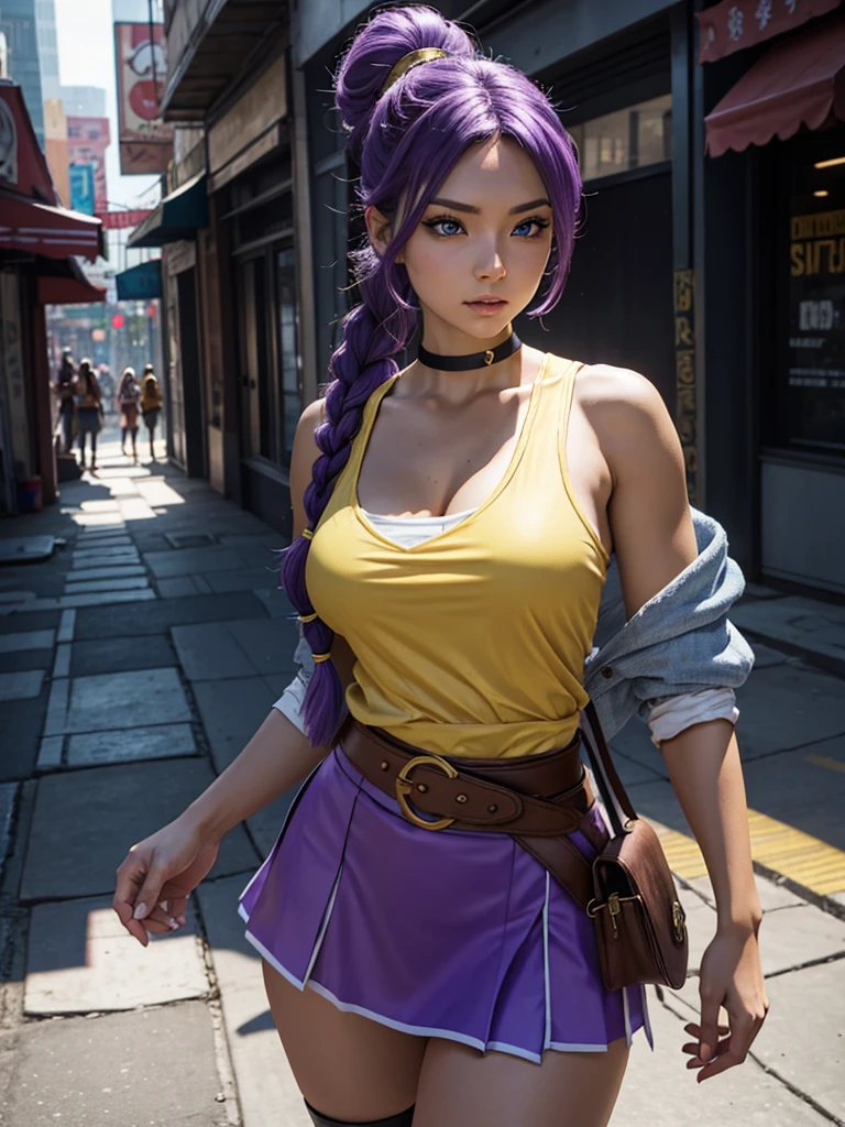 Just a woman. Beautiful Western Caucasian woman, with round and firm breasts. Woman with a toned body. Her hair is purple, with a single braid. Her eyes are light blue. She is cosplaying as the character Maki, from the game Final Fight, whose clothes are a purple kunoichi outfit, with a short skirt, the outfit has a white outline and a yellow sash around the waist. She is on a dirty street in a modern Western city, similar to New York, with some neon signs. It is early afternoon. Dynamic light and dynamic shadow. UHD. Masterpiece. Accurate. Anatomically correct. Super detail. Textured skin. High details. High quality. Award winning. Best quality. Highres