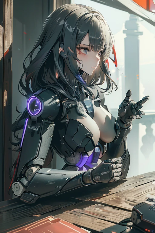 (masterpiece),(Highest quality),(Super detailed),(Best illustrations),(Best Shadow),(Absurd),(Detailed Background),(so beautiful), 16K, 8K, 4K,(Best Shadow),robotization,woman ,big bust,Robot Joint ,Metal skin,Black robot Suit,long hair,a black robot suit that covers the whole body,robot hand,cyber bodysuit,mecha head,(Detailed hands and fingers:1.2),Ball joint robot body,doll joint,beautiful face,beautiful robot girl,robotic eye,robotic hands,(no more human skin),android girl,cyborg girl,F cup, sexy body,(machine made joints:1.2),(machanical limbs:1.1),(blood vessels connected to tubes),(mechanical vertebra attaching to back),(mechanical cervial attaching to neck),no messy picture style,no emotion,raiden shogun